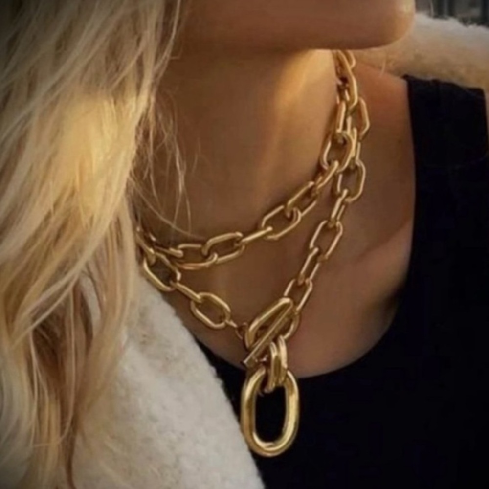 NWT Zara Set Gold 2- Interlock Oval Circle Link Chain Necklace double